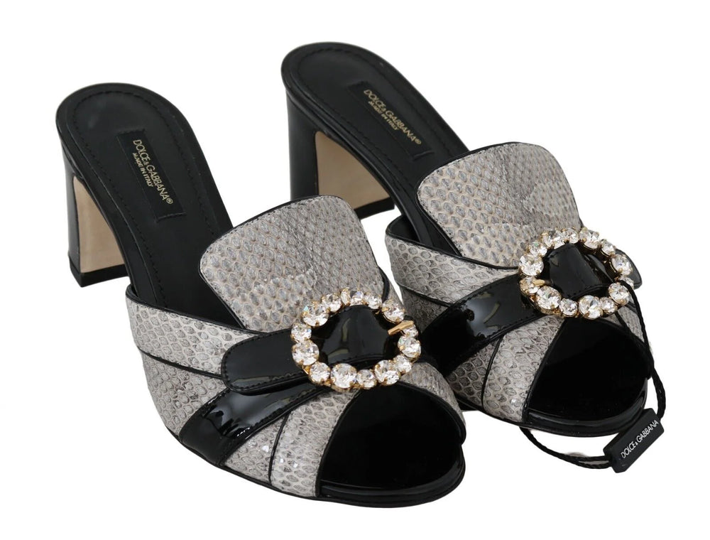 Dolce & Gabbana Black Gray Exotic Leather Crystals Sandals Shoes - EU37/US6.5