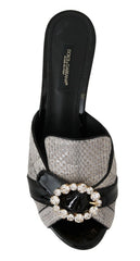 Dolce & Gabbana Black Gray Exotic Leather Crystals Sandals Shoes - EU37/US6.5