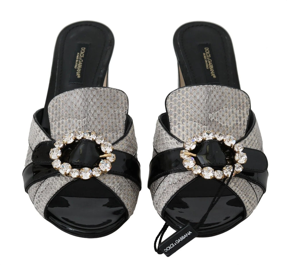 Dolce & Gabbana Black Gray Exotic Leather Crystals Sandals Shoes - Sandals