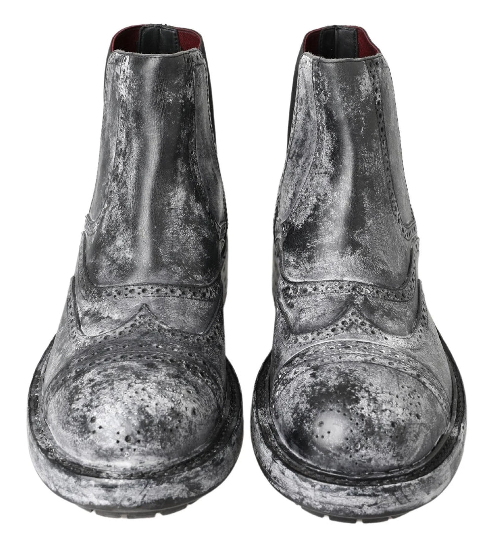 Dolce & Gabbana Black Gray Leather Ankle Boots - Boots