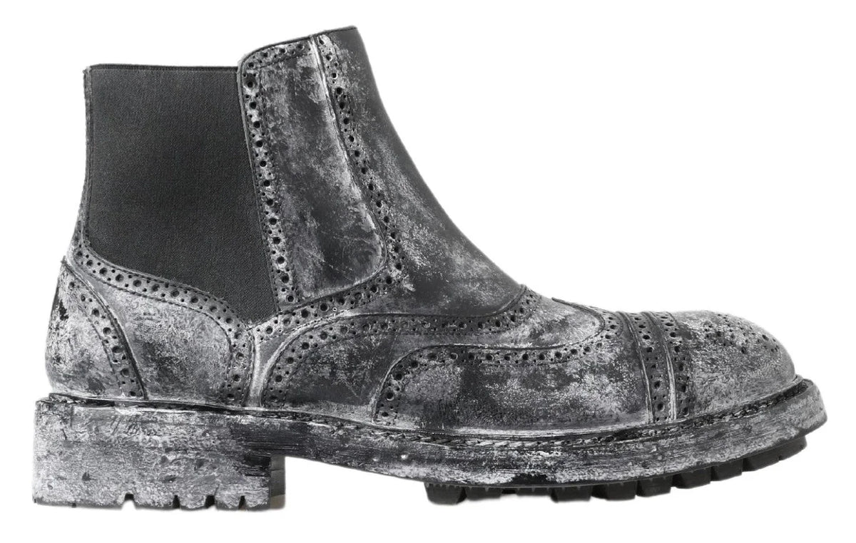 Dolce & Gabbana Black Gray Leather Ankle Boots - Boots