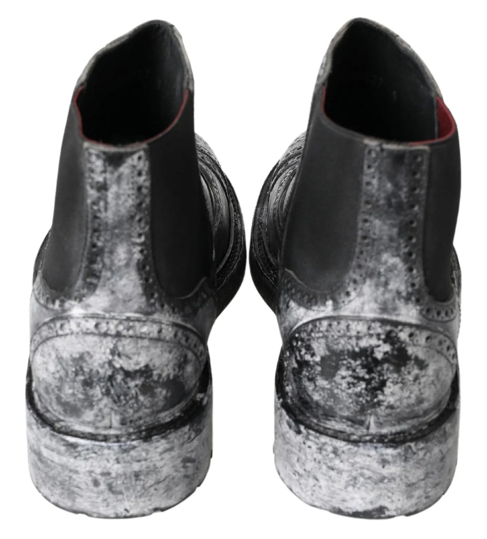 Dolce & Gabbana Black Gray Leather Ankle Boots - Boots