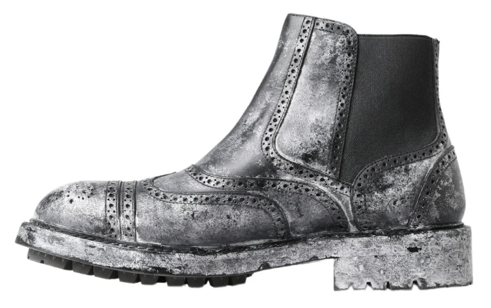 Dolce & Gabbana Black Gray Leather Ankle Boots - Boots