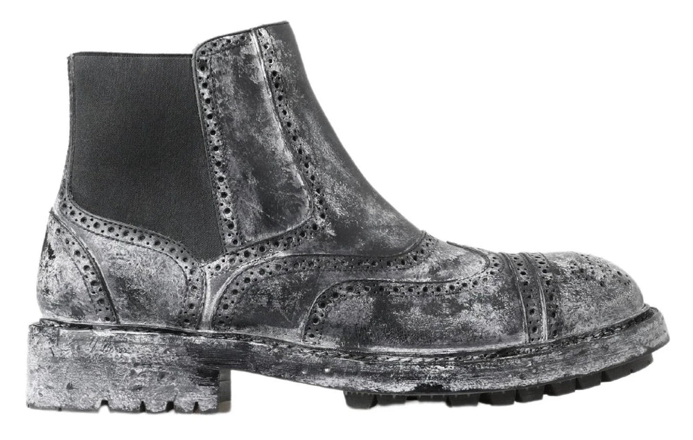 Dolce & Gabbana Black Gray Leather Ankle Boots - EU39/US6