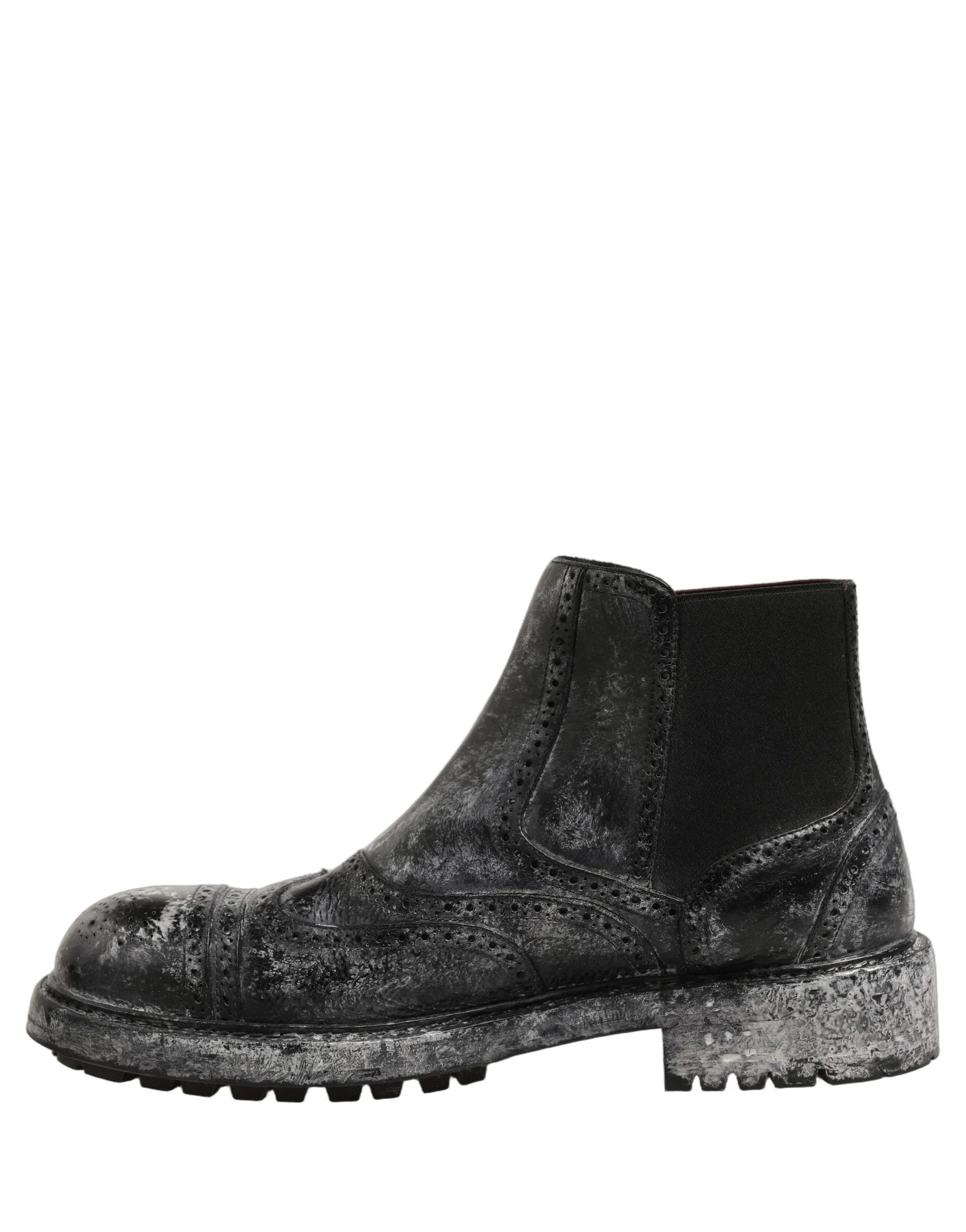 Dolce & Gabbana Black Gray Leather Ankle Chelsea Boots Shoes
