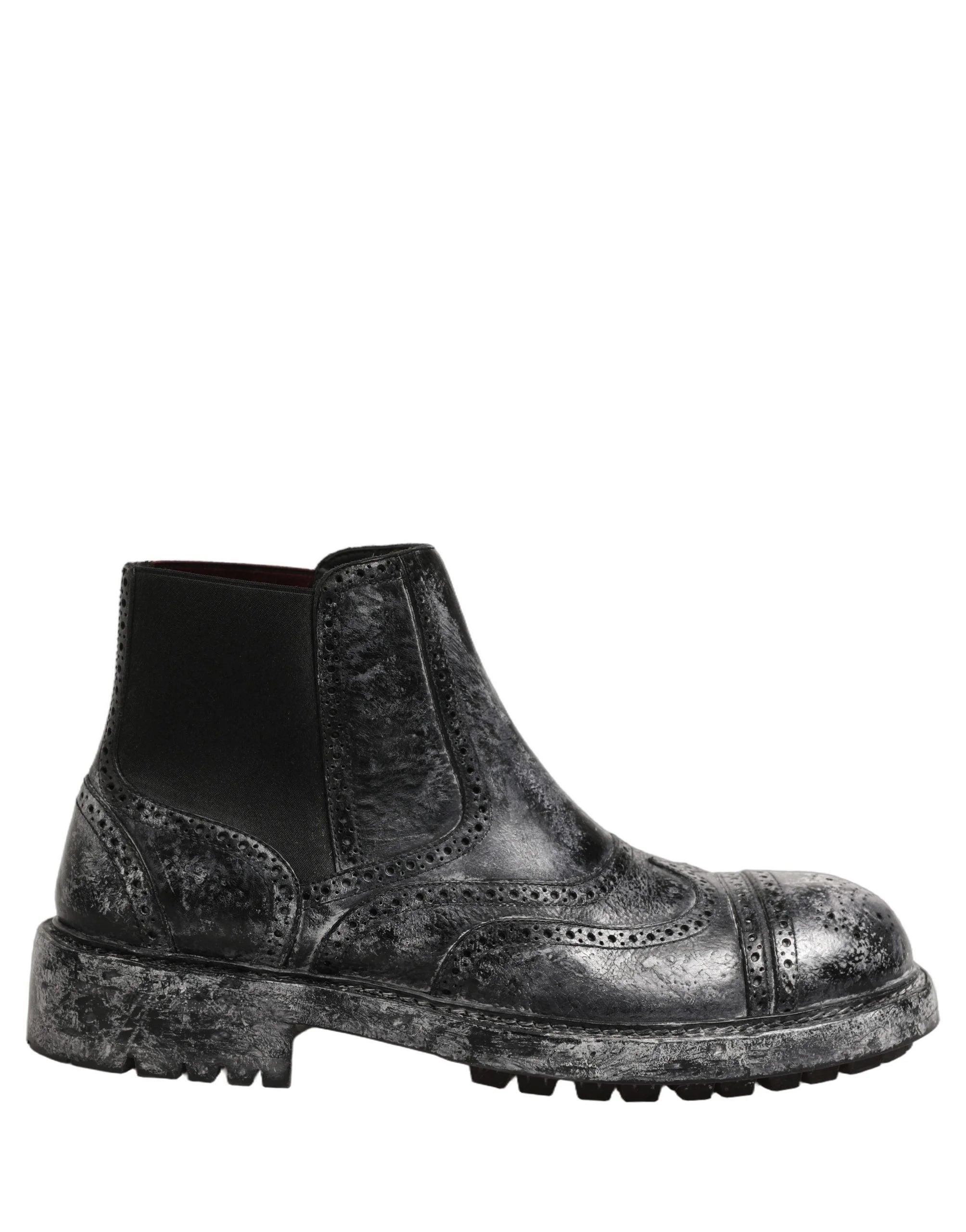 Dolce & Gabbana Black Gray Leather Ankle Chelsea Boots Shoes