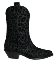 Dolce & Gabbana Black Gray Leopard Cowboy Boots Shoes - Boots