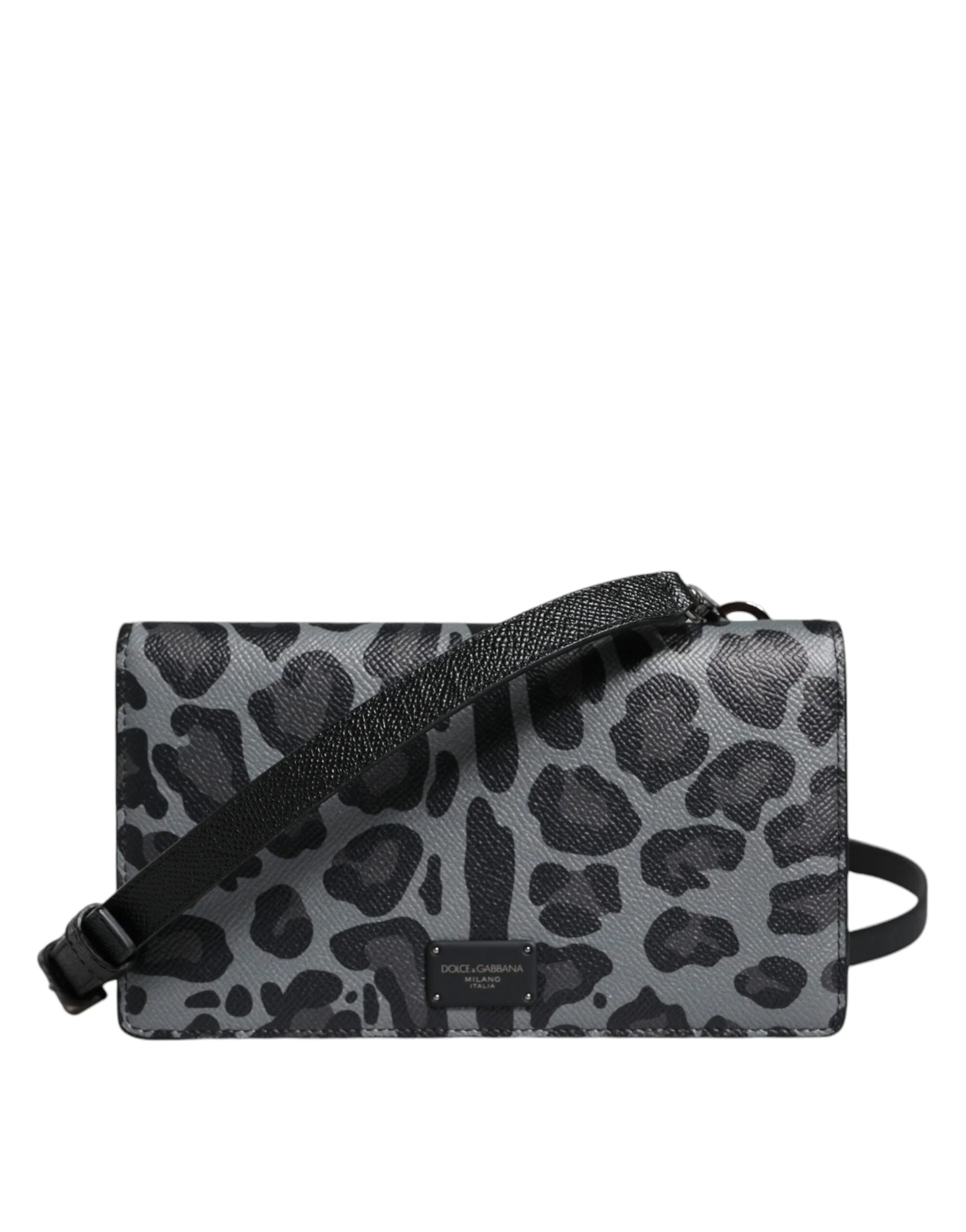 Dolce & Gabbana Black Gray Leopard Leather Bifold Card Slot Crossbody Bag - Cross Body Bags