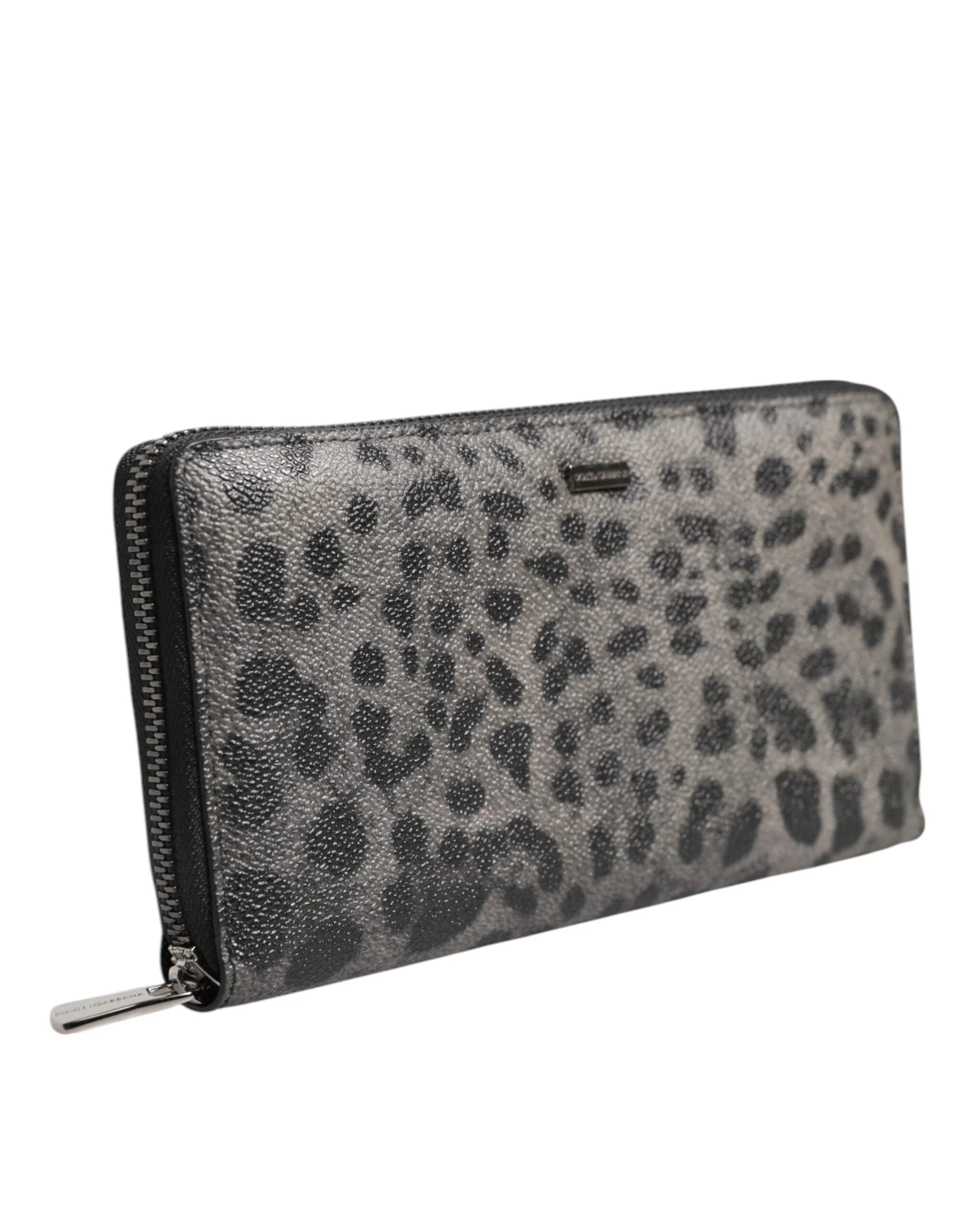 Dolce & Gabbana Black Gray Leopard Leather Zip Around Continental Wallet - Wallets