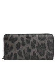 Dolce & Gabbana Black Gray Leopard Leather Zip Around Continental Wallet - Wallets