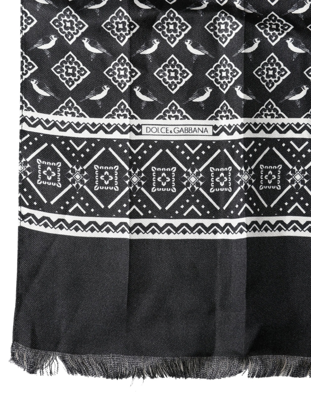 Dolce & Gabbana Black Gray Silk Bird Fringe Wrap Foulard 140cm X 23cm Scarf