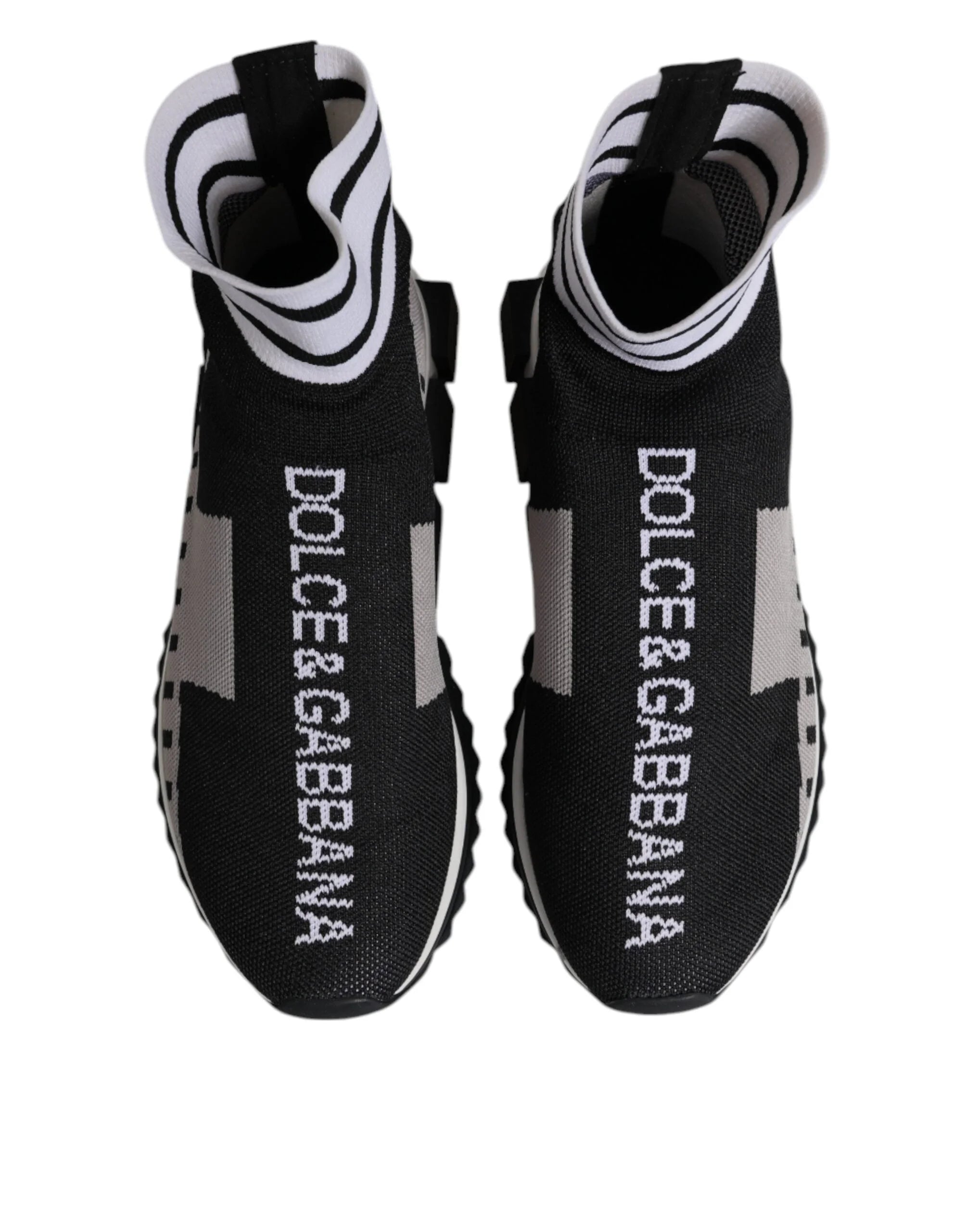Sideprofil af Dolce & Gabbana Sorrento-sneakers med den ikoniske geometriske, chunky gummisål i sort og hvid.