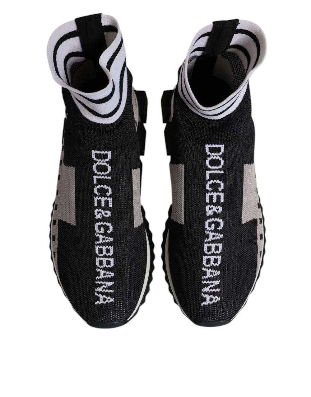 Sideprofil af Dolce & Gabbana Sorrento-sneakers med den ikoniske geometriske, chunky gummisål i sort og hvid.