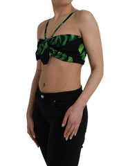 Dolce & Gabbana Black Green Leaf Silk Halter Cropped Top - IT42|M - Tank Tops