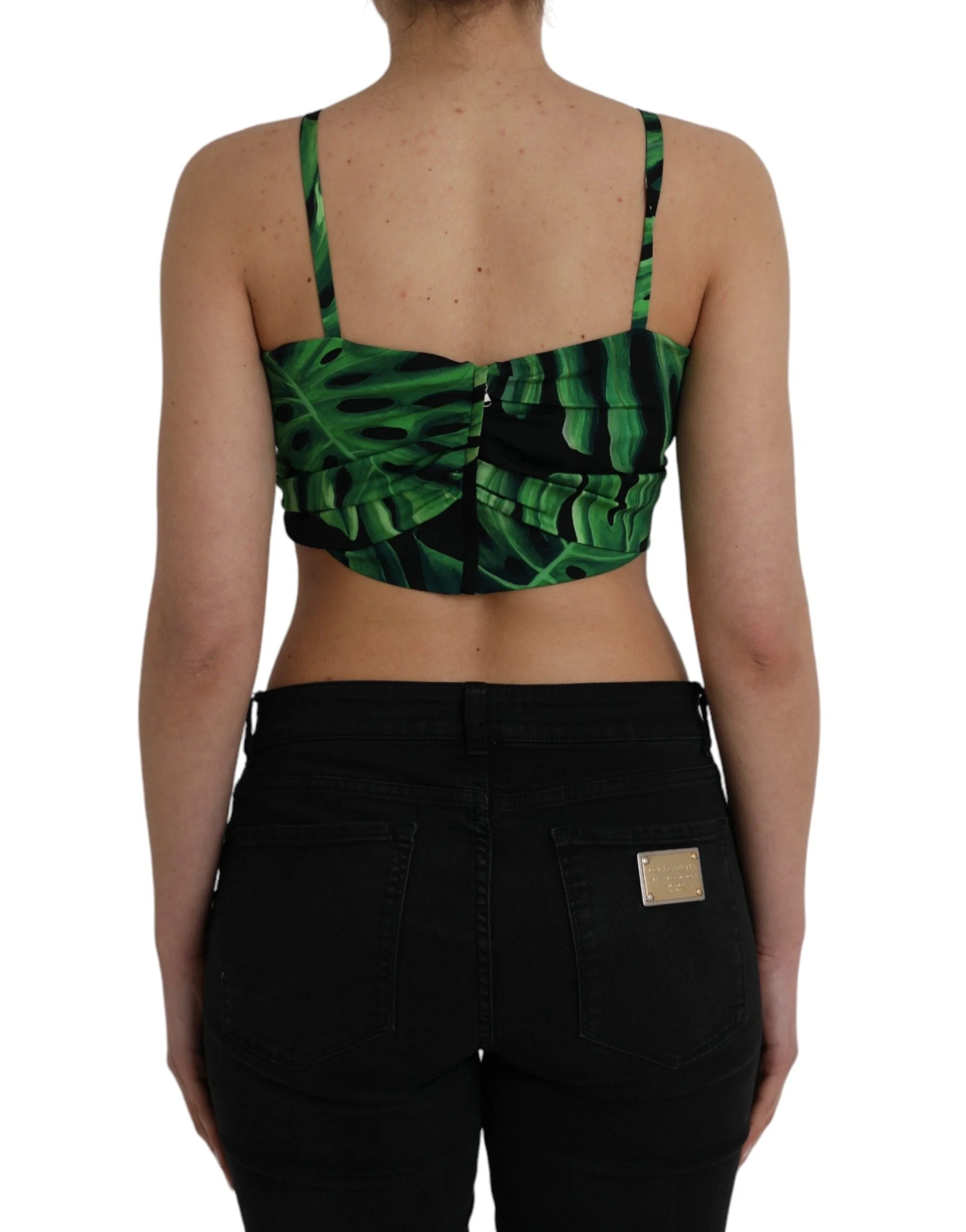 Dolce & Gabbana Black Green Leaf Silk Halter Cropped Top - IT42|M - Tank Tops