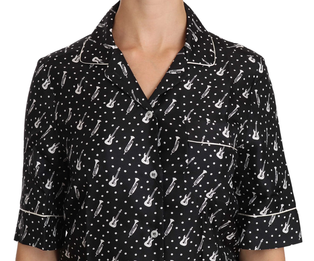 Dolce & Gabbana Black GuitarTrumpet Print Silk Shirt Top - Shirts