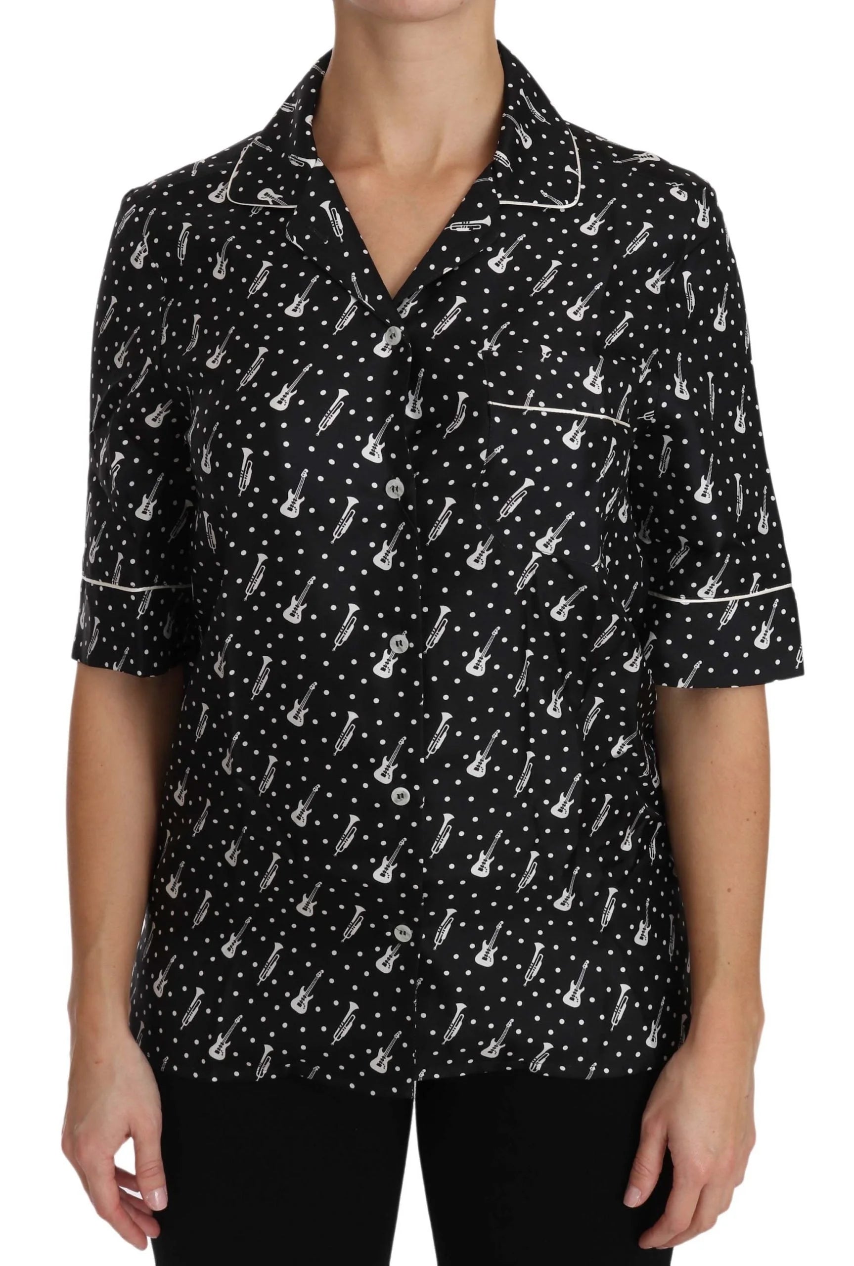 Dolce & Gabbana Black GuitarTrumpet Print Silk Shirt Top - Shirts