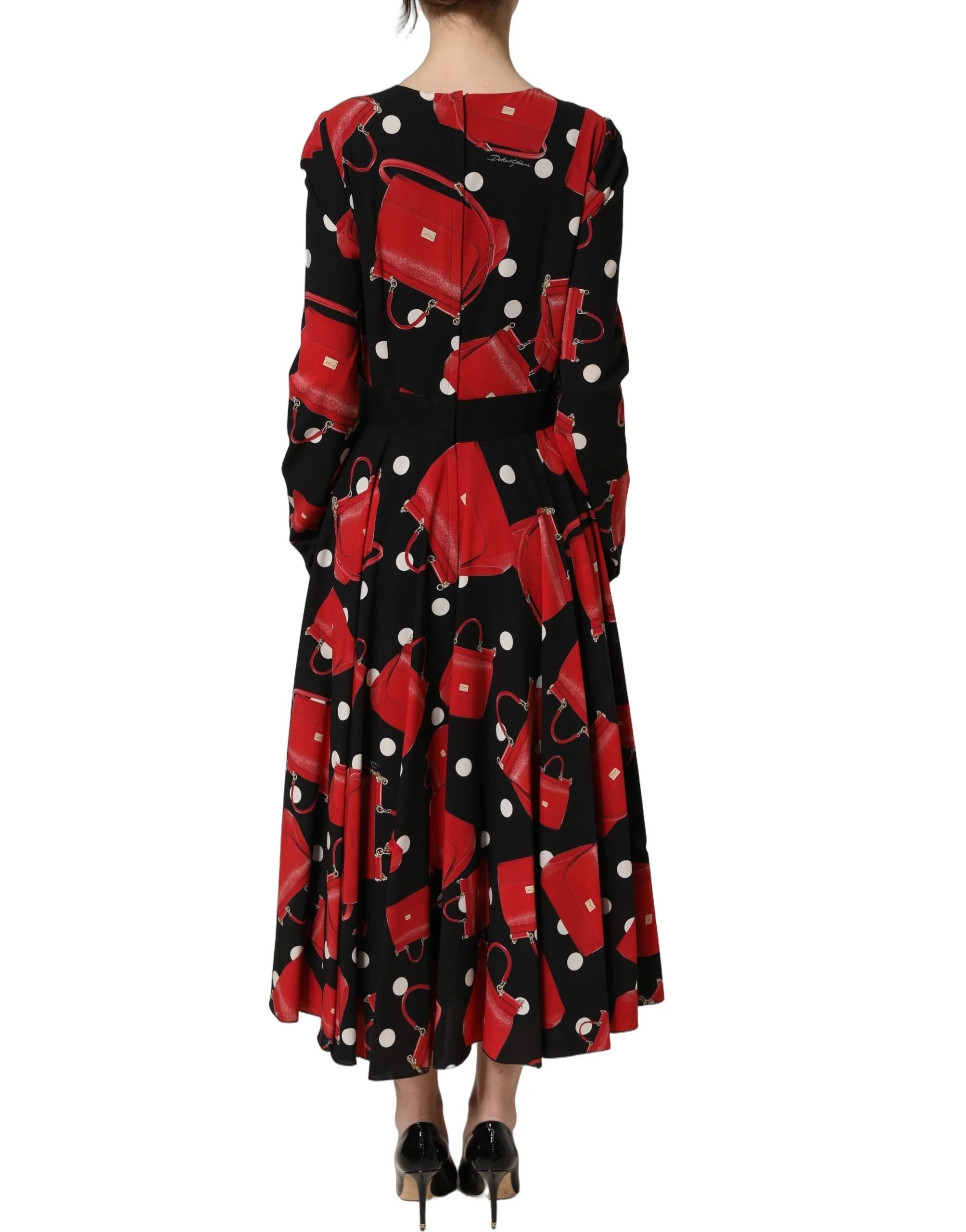 Dolce & Gabbana Black Handbag Print Long Sleeve Midi Dress - IT40|S