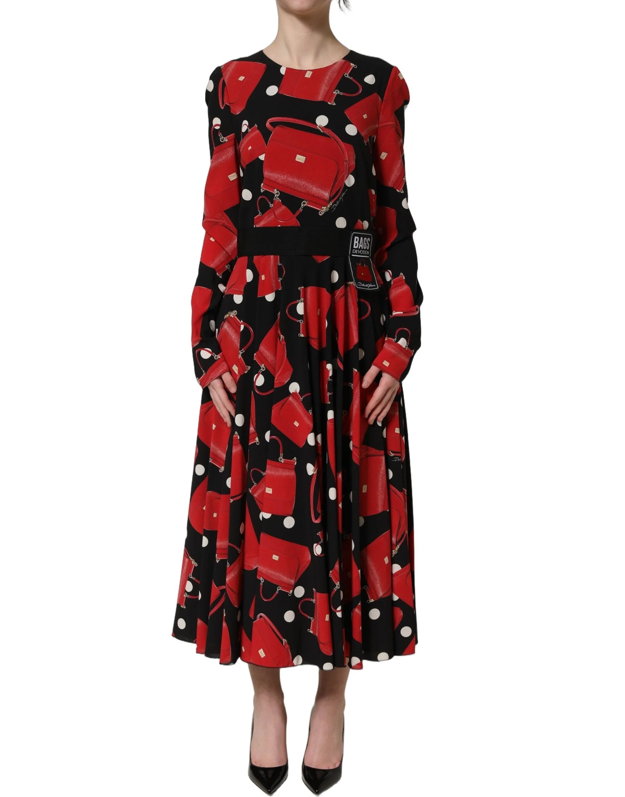Dolce & Gabbana Black Handbag Print Long Sleeve Midi Dress - IT40|S