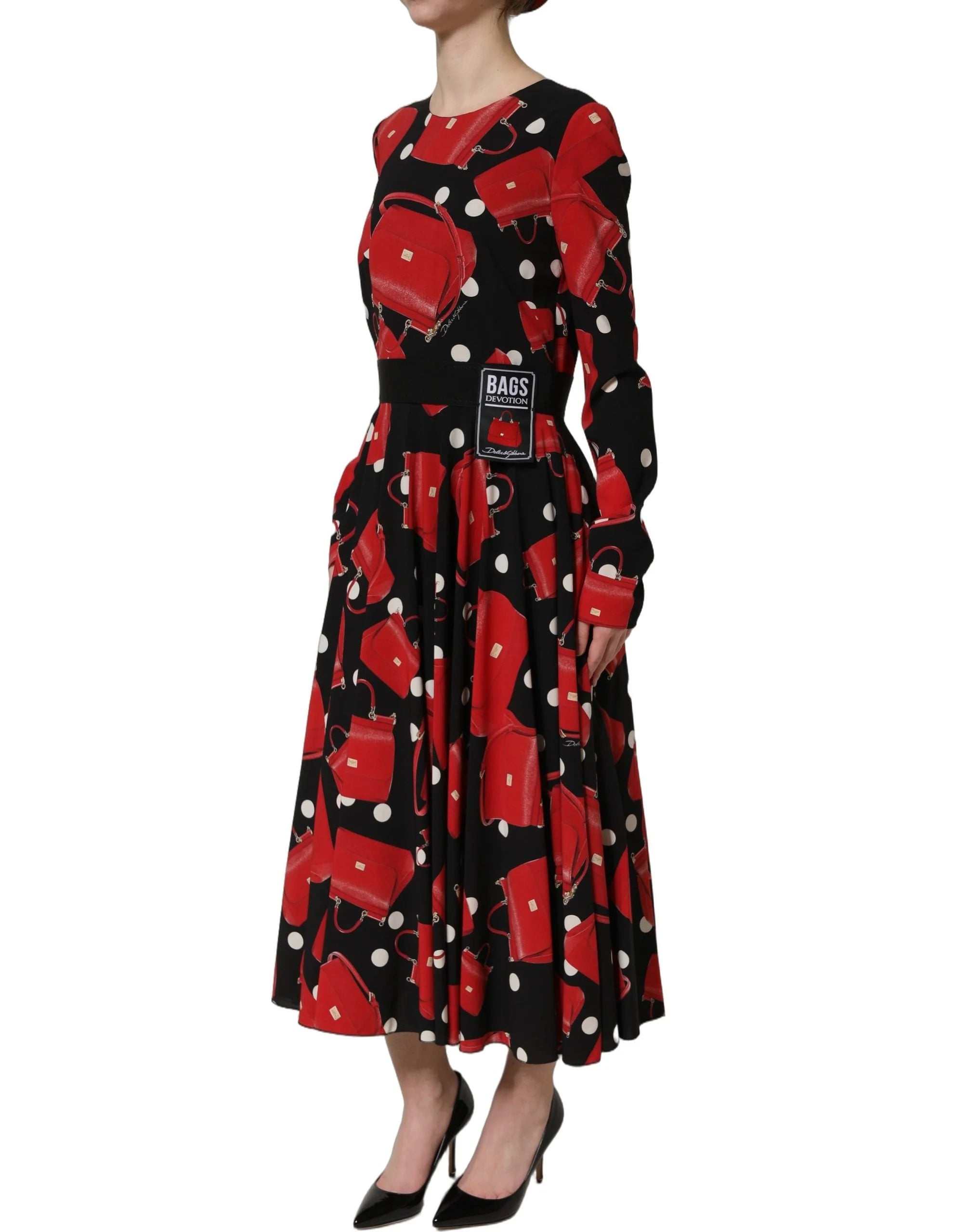 Dolce & Gabbana Black Handbag Print Long Sleeve Midi Dress - IT40|S