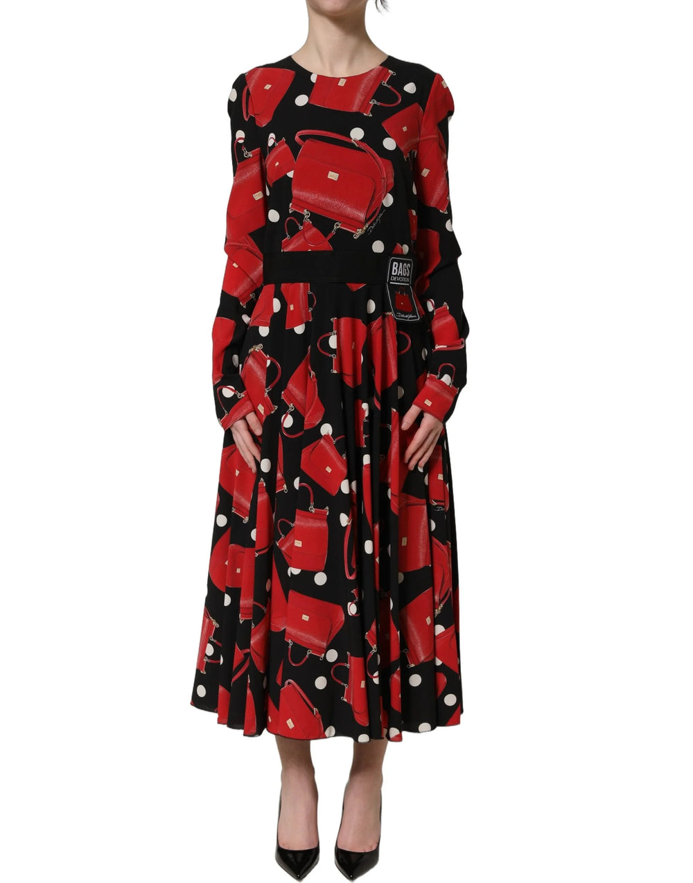 Dolce & Gabbana Black Handbag Print Long Sleeve Midi Dress - IT40|S
