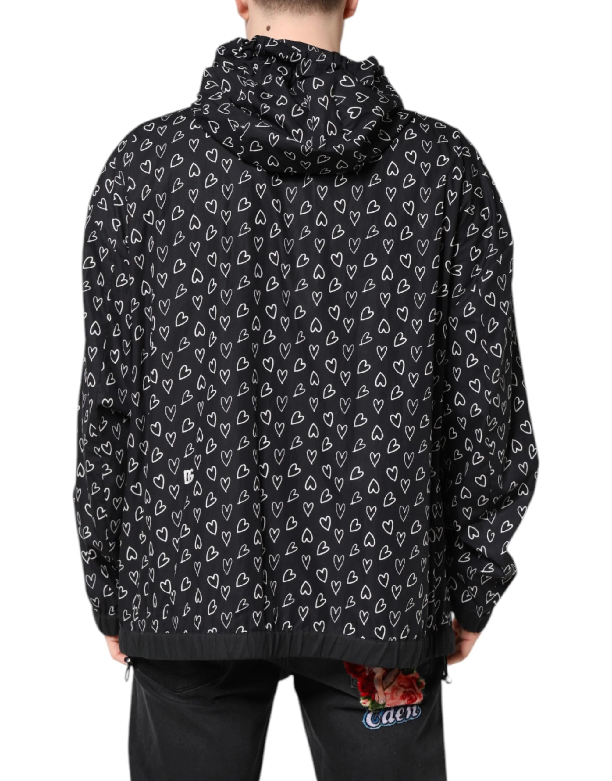 Dolce & Gabbana Black Heart Print Hooded Windbreaker Jacket - IT52 | XL - Windbreakers
