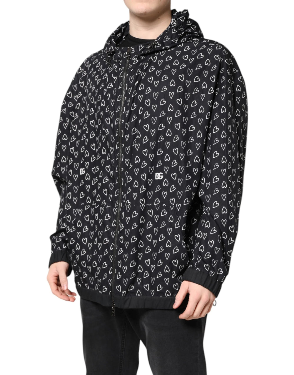 Dolce & Gabbana Black Heart Print Hooded Windbreaker Jacket - IT52 | XL - Windbreakers