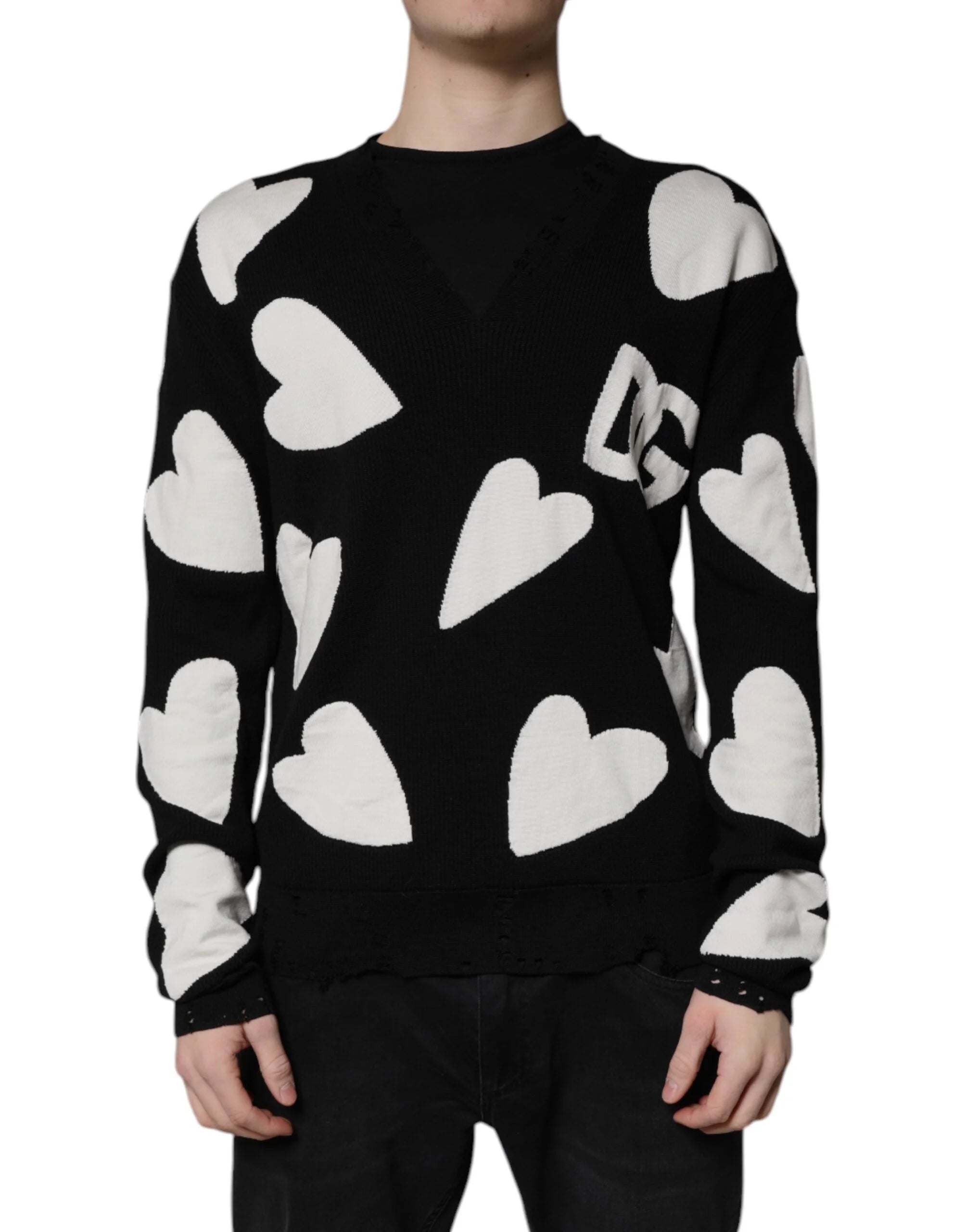 Dolce & Gabbana Black Hearts Silk Crew Neck Pullover Sweater - IT48 | M - Sweaters