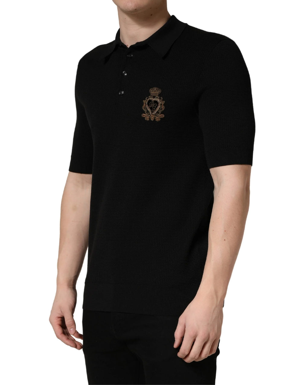 T-shirt polo Dolce & Gabbana noir 'Heraldic Crest' en soie - IT48 | M