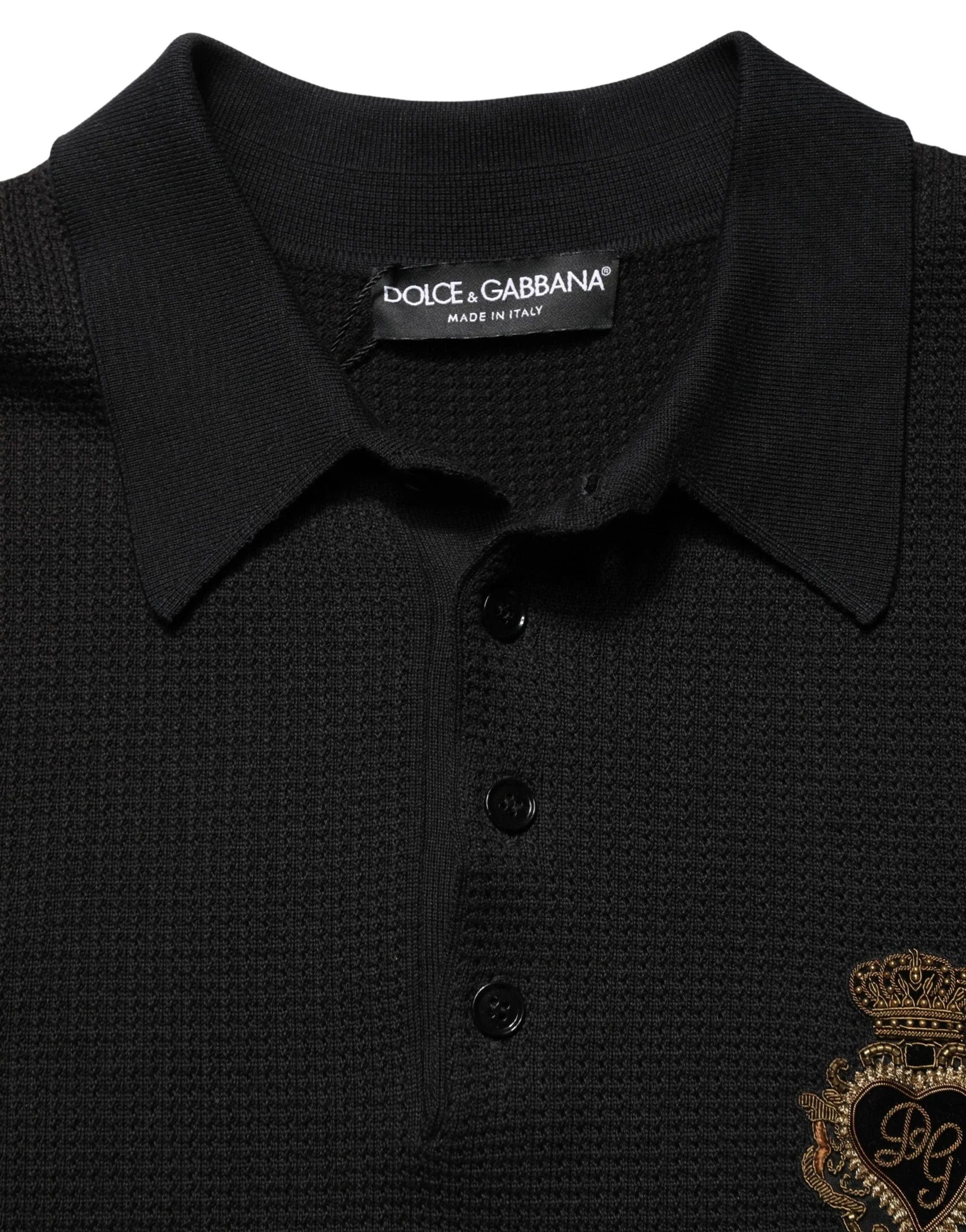 T-shirt polo Dolce & Gabbana noir 'Heraldic Crest' en soie - IT48 | M