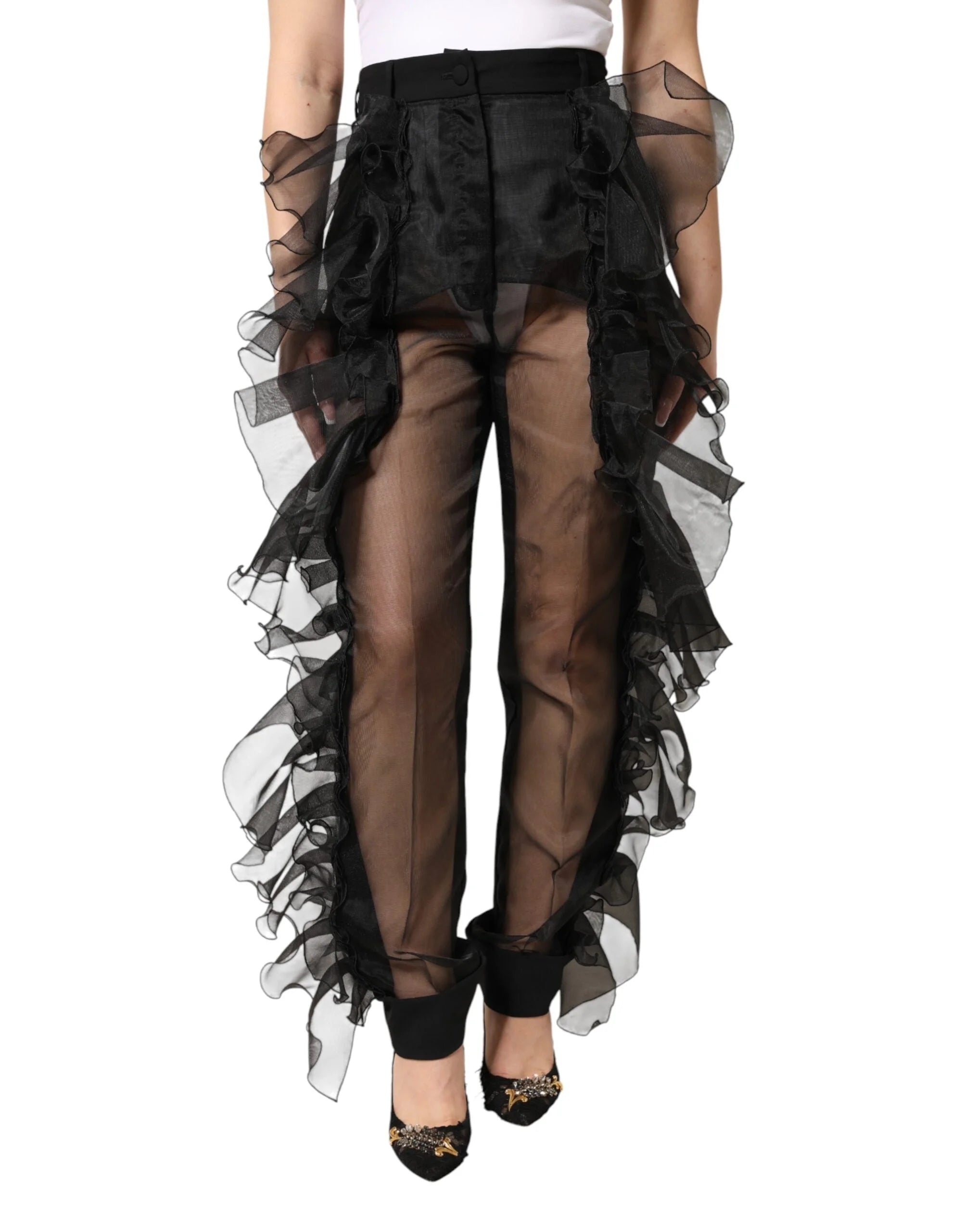 Dolce & Gabbana Black High Waist Tulle Wool Trouser Pants - IT40|S