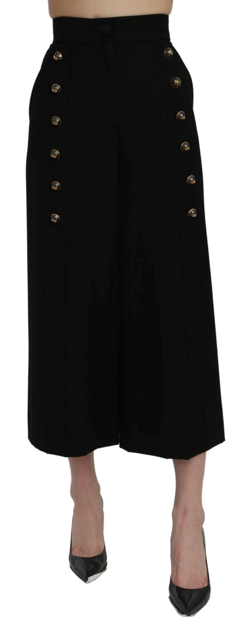 Dolce & Gabbana Black High Waist Wide Leg Cropped Pants - IT36 | XS - Trousers