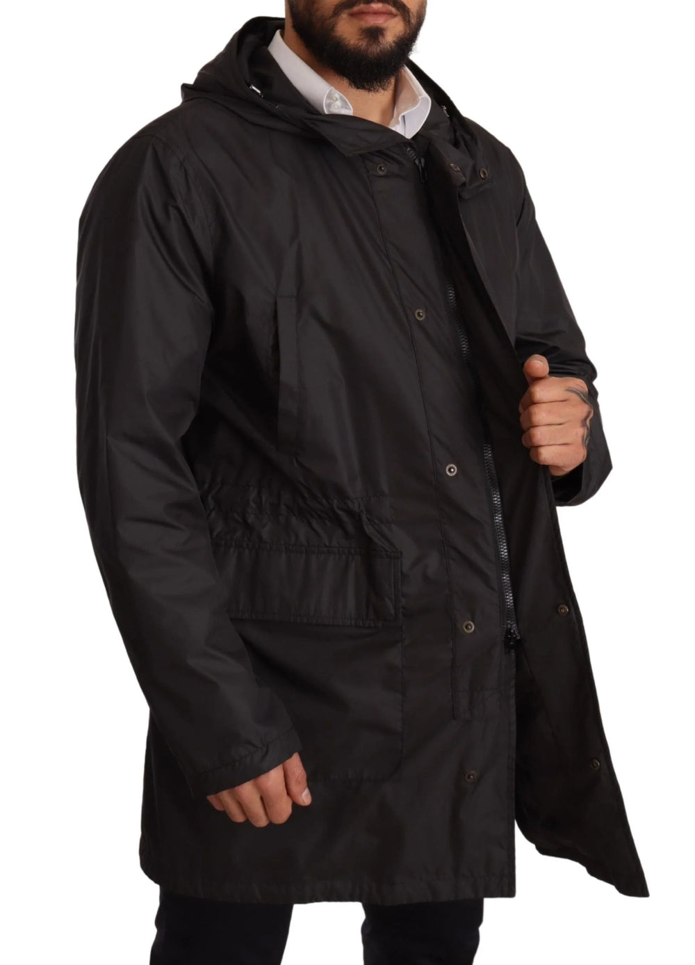 Dolce & Gabbana Black Hooded Mens Trench Coat Jacket - Trench Coats