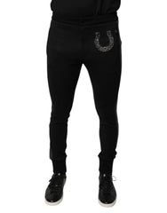 Dolce & Gabbana Black Horseshoe Embellished Wool Slim Fit Pants - Trousers