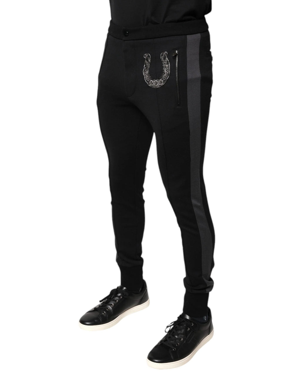 Dolce & Gabbana Black Horseshoe Embellished Wool Slim Fit Pants - Trousers