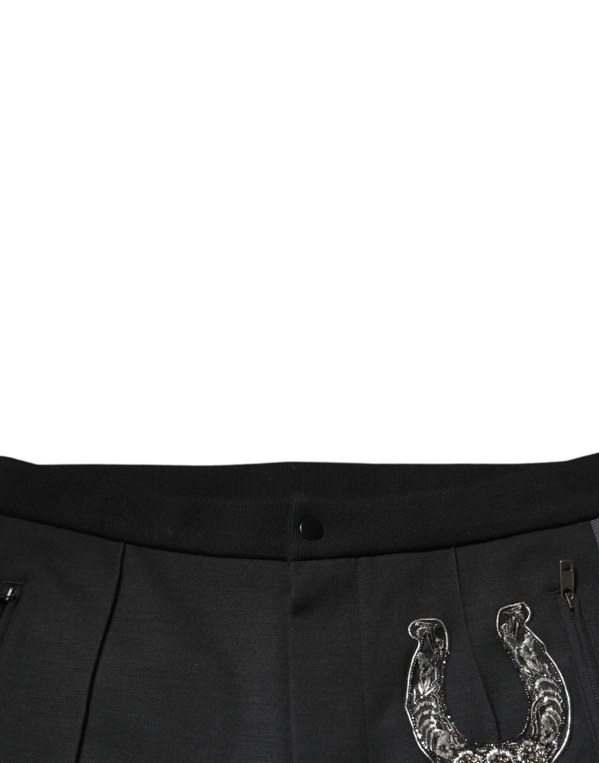 Dolce & Gabbana Black Horseshoe Embellished Wool Slim Fit Pants - Trousers