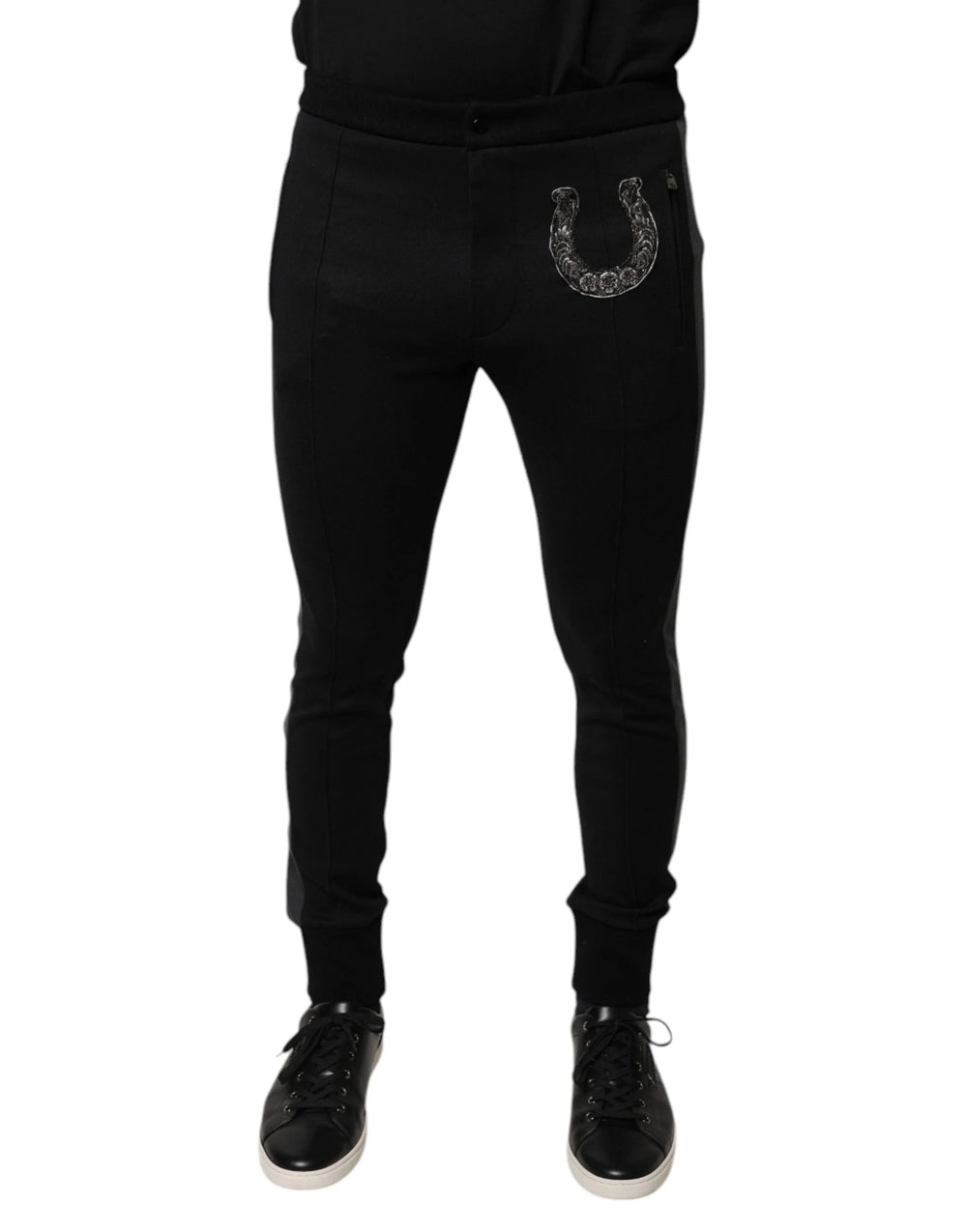 Dolce & Gabbana Black Horseshoe Embellished Wool Slim Fit Pants - Trousers
