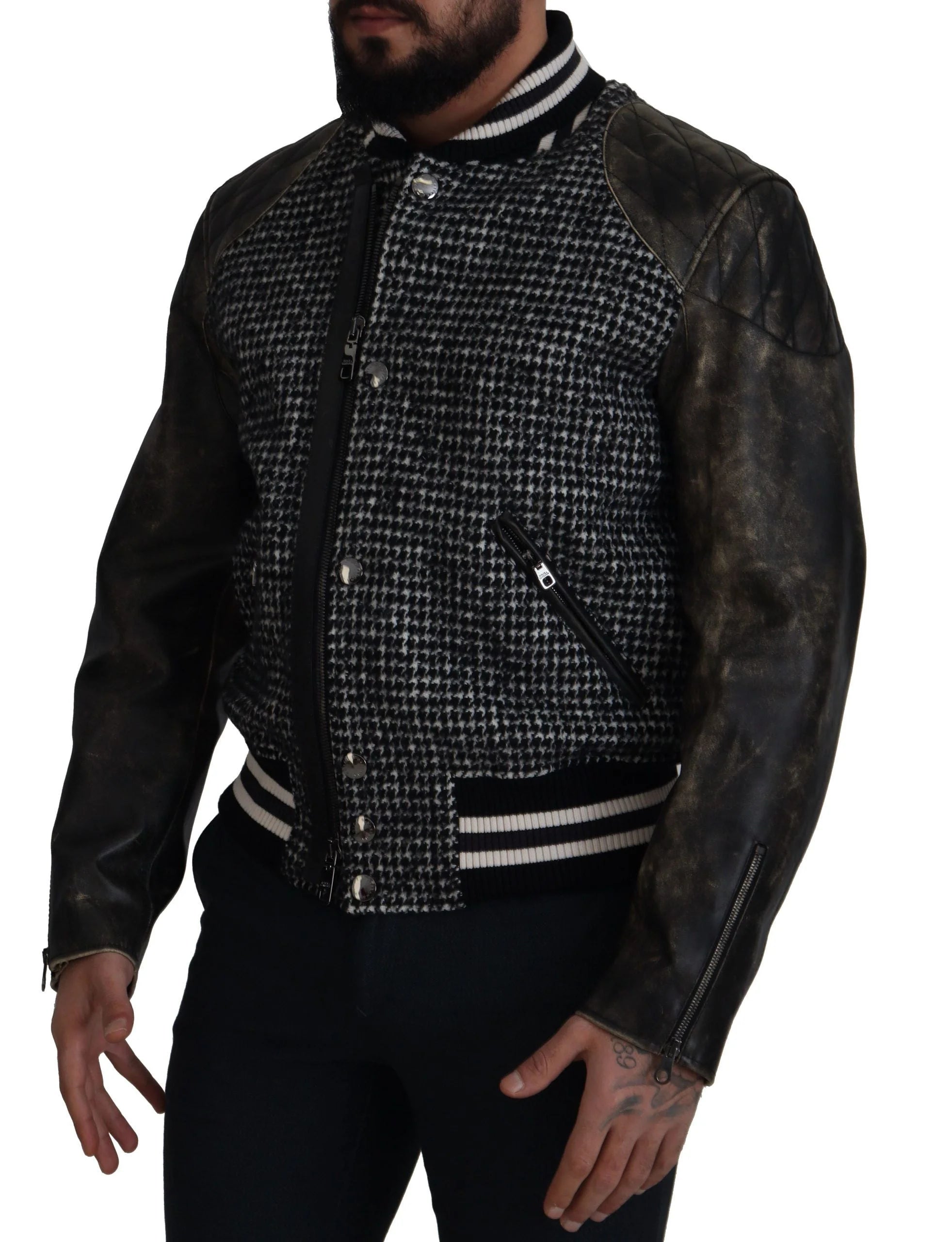 Dolce & Gabbana Black Houndstooth Polyester Bomber Jacket - IT52 | L - Bomber Jackets