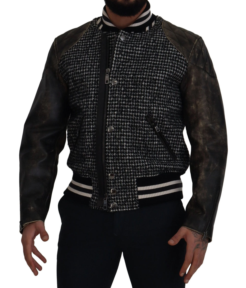 Dolce & Gabbana Black Houndstooth Polyester Bomber Jacket - IT52 | L - Bomber Jackets