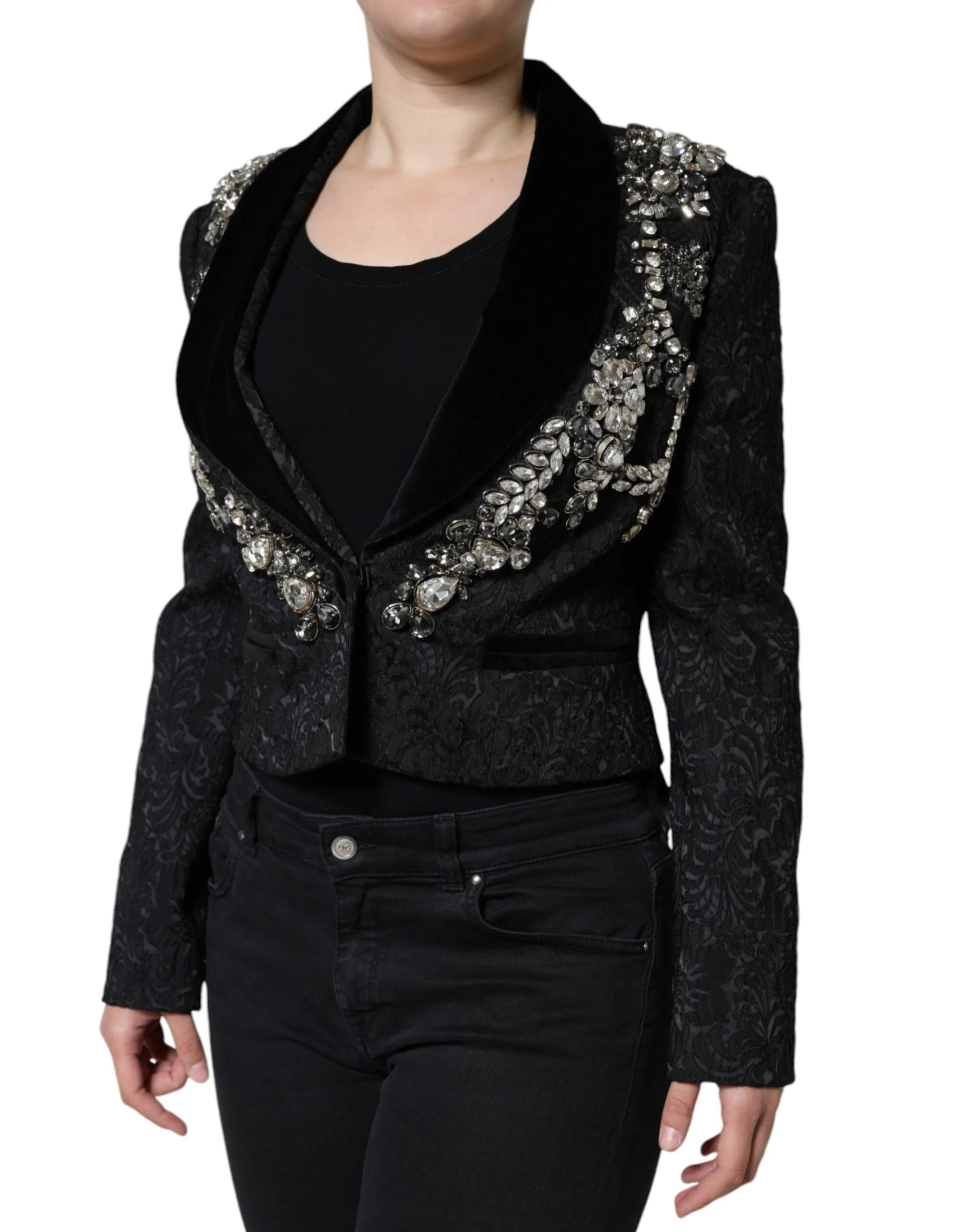 Dolce & Gabbana Black Jacquard Crystal Floral Jacket Blazer - IT44 | L - Bolero Jackets