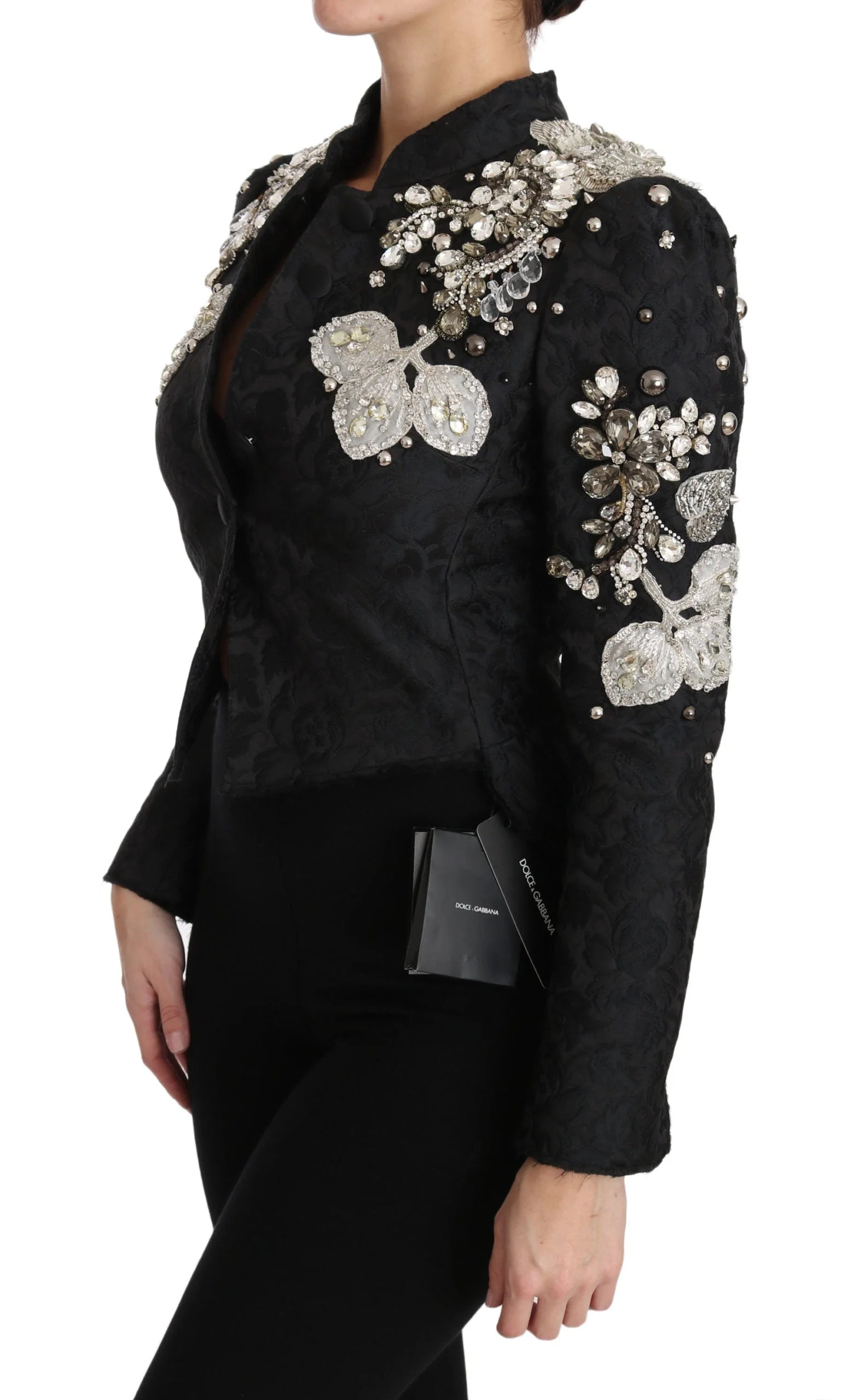 Dolce & Gabbana Black Jacquard Crystal Floral Jacket - IT38|XS - Sport Jackets