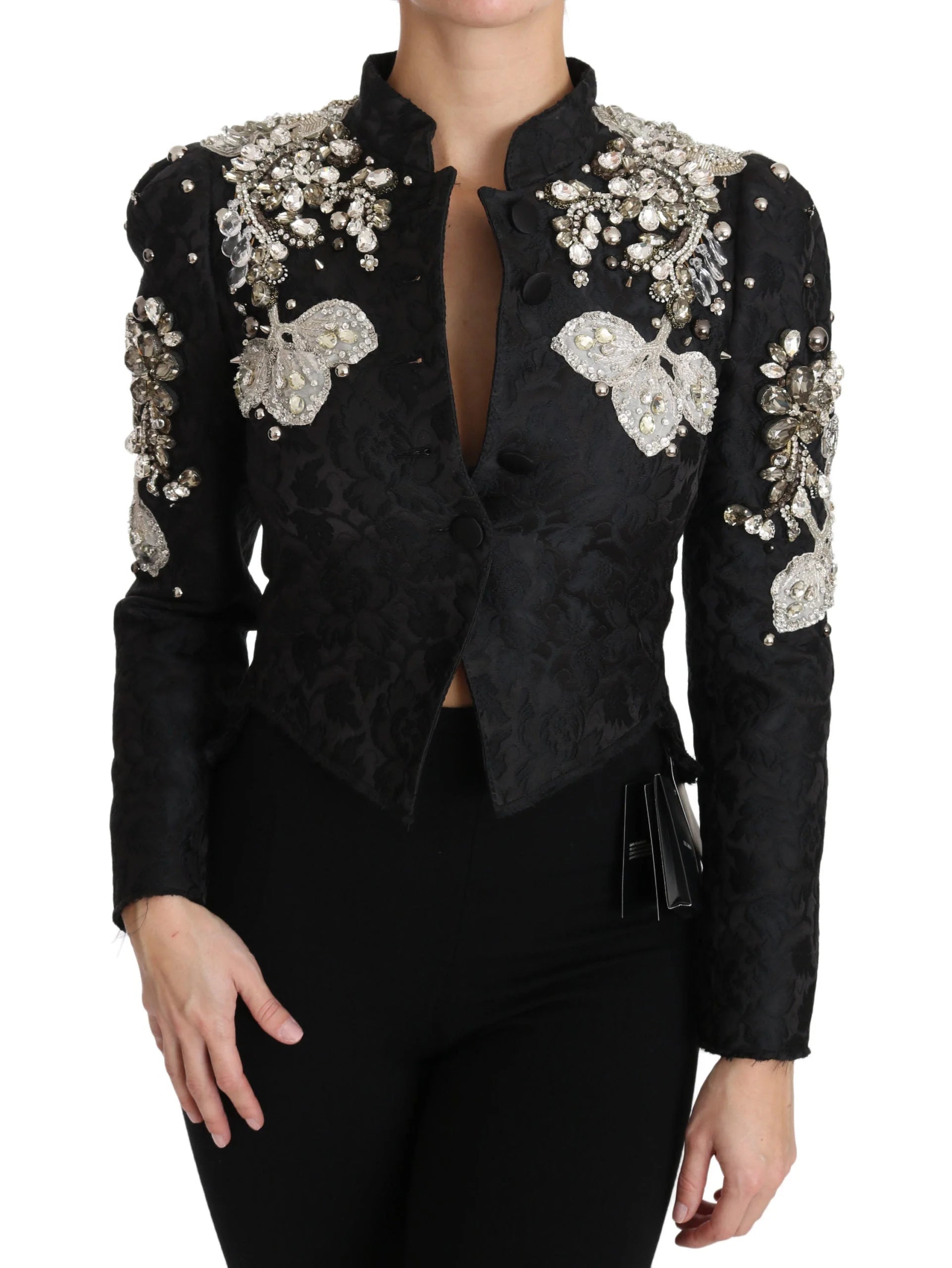 Dolce & Gabbana Black Jacquard Crystal Floral Jacket - IT38|XS - Sport Jackets