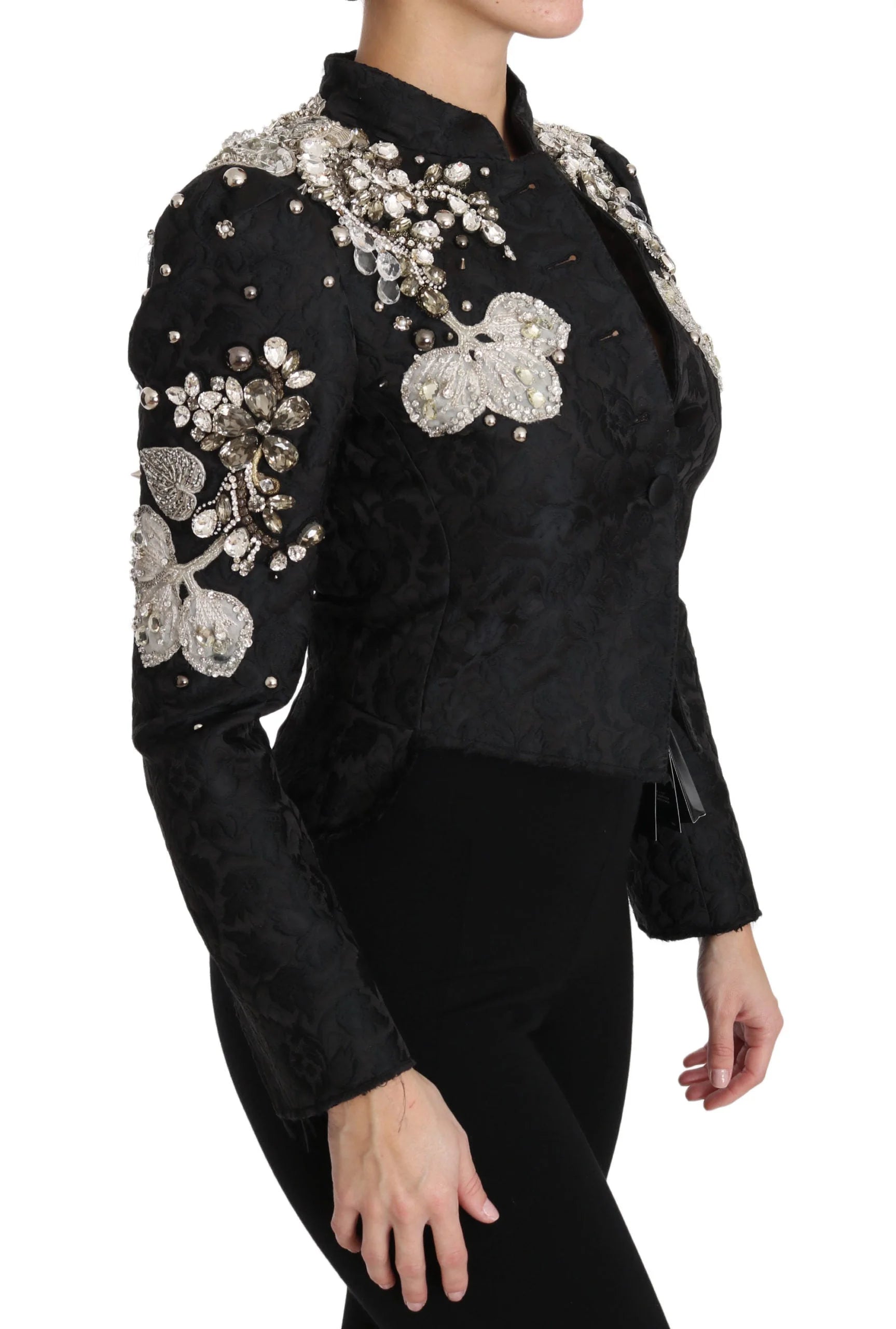 Dolce & Gabbana Black Jacquard Crystal Floral Jacket - IT38|XS - Sport Jackets