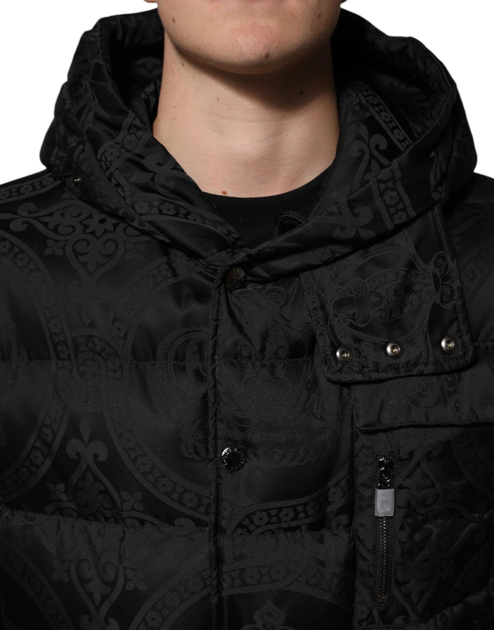 Dolce & Gabbana Black Jacquard Quilted Puffer Hooded Jacket - IT48 | M - Puffer Jackets
