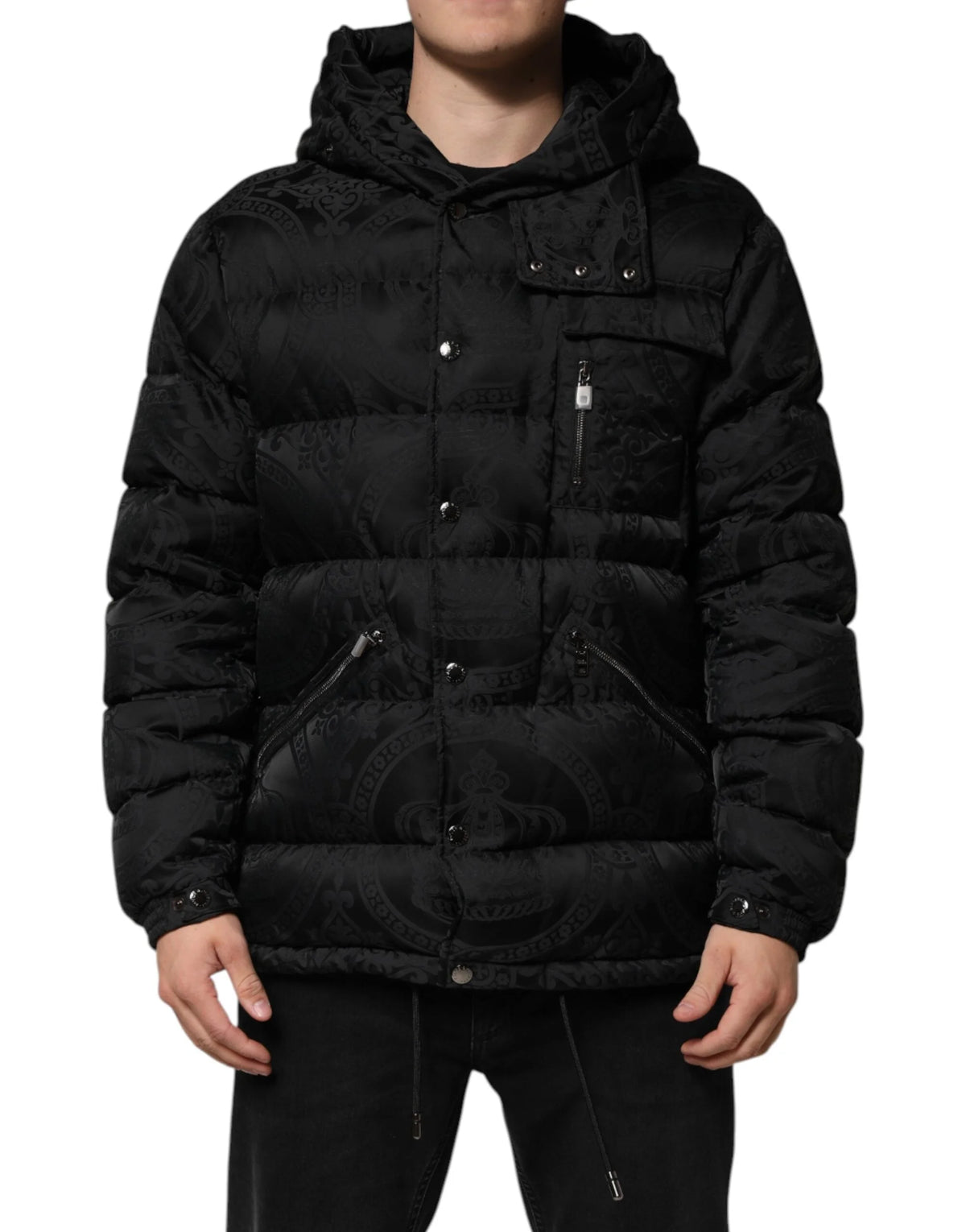 Dolce & Gabbana Black Jacquard Quilted Puffer Hooded Jacket - IT48 | M - Puffer Jackets