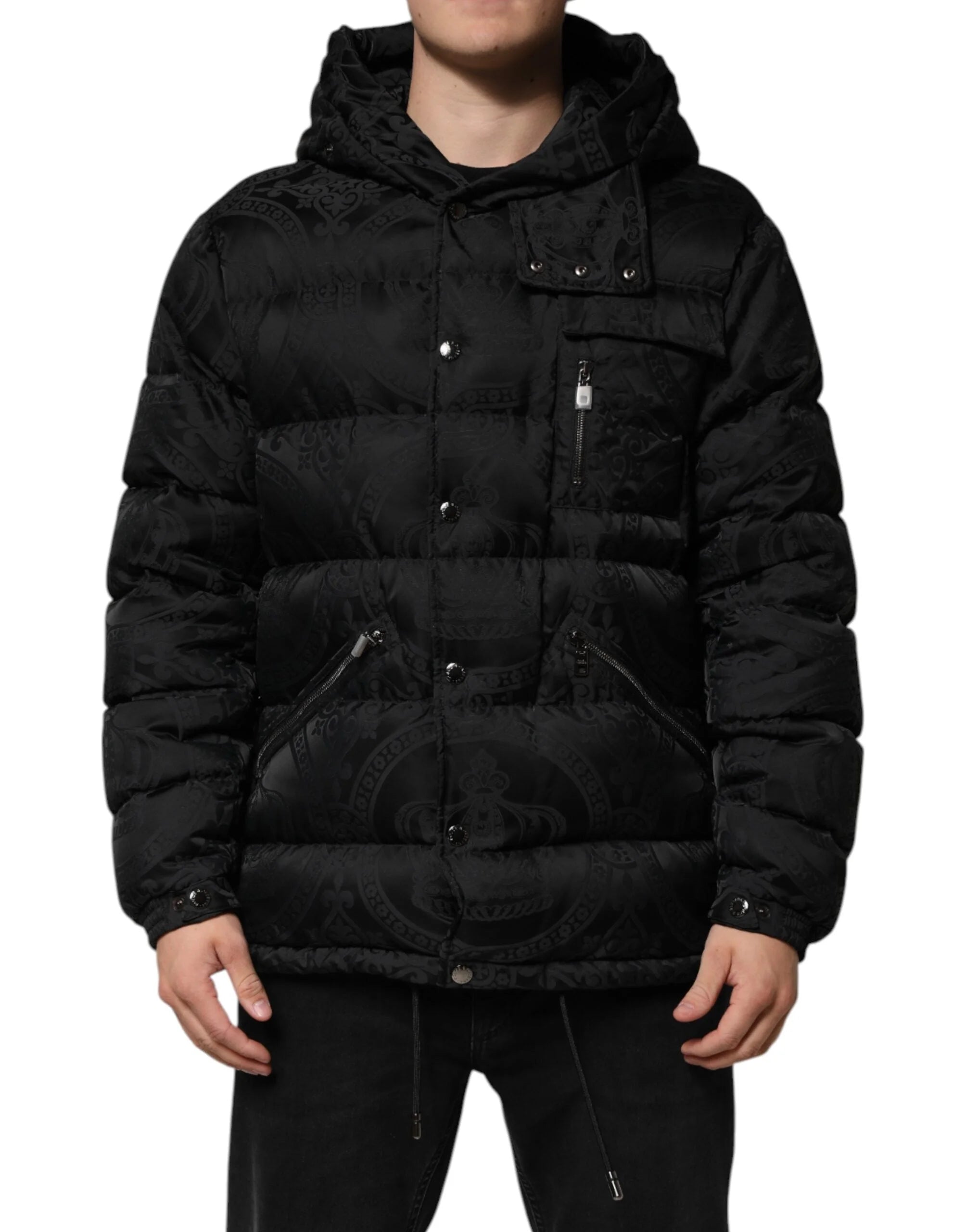 Dolce & Gabbana Black Jacquard Quilted Puffer Hooded Jacket - IT48 | M - Puffer Jackets