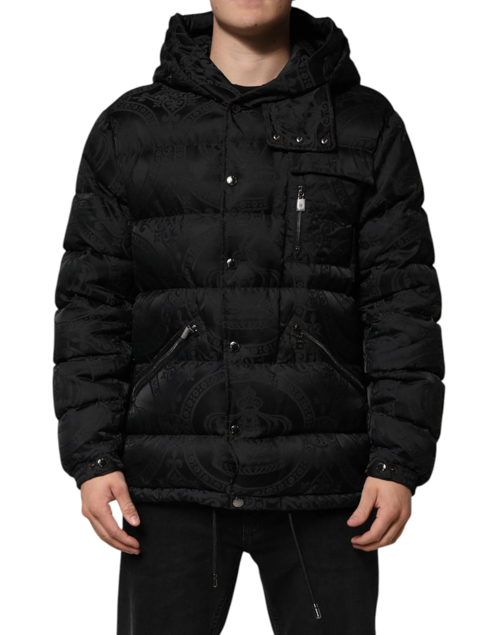 Dolce & Gabbana Black Jacquard Quilted Puffer Hooded Jacket - IT48 | M - Puffer Jackets