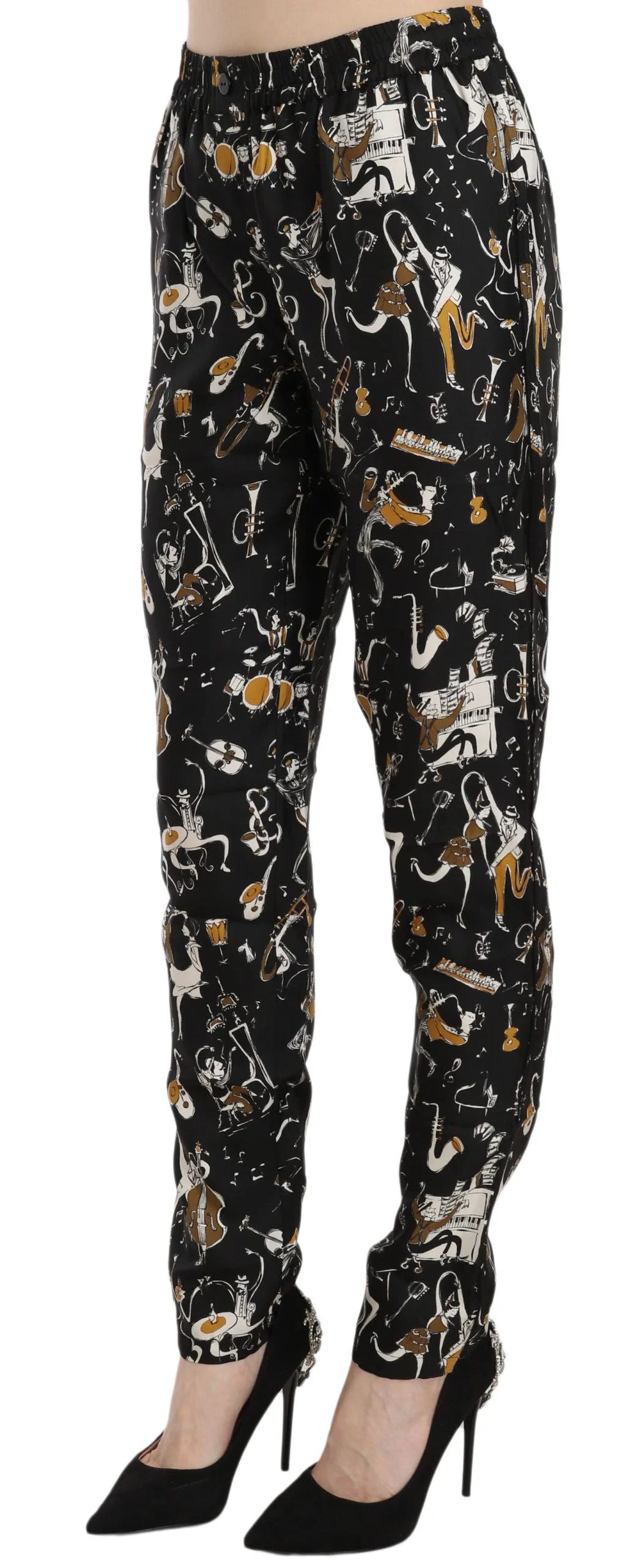 Dolce & Gabbana Black Jazz Club Print High Waist Tapered Pants - Trousers