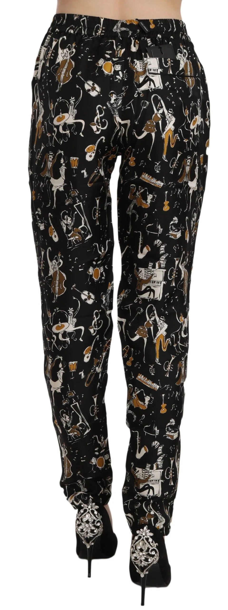 Dolce & Gabbana Black Jazz Club Print High Waist Tapered Pants - Trousers