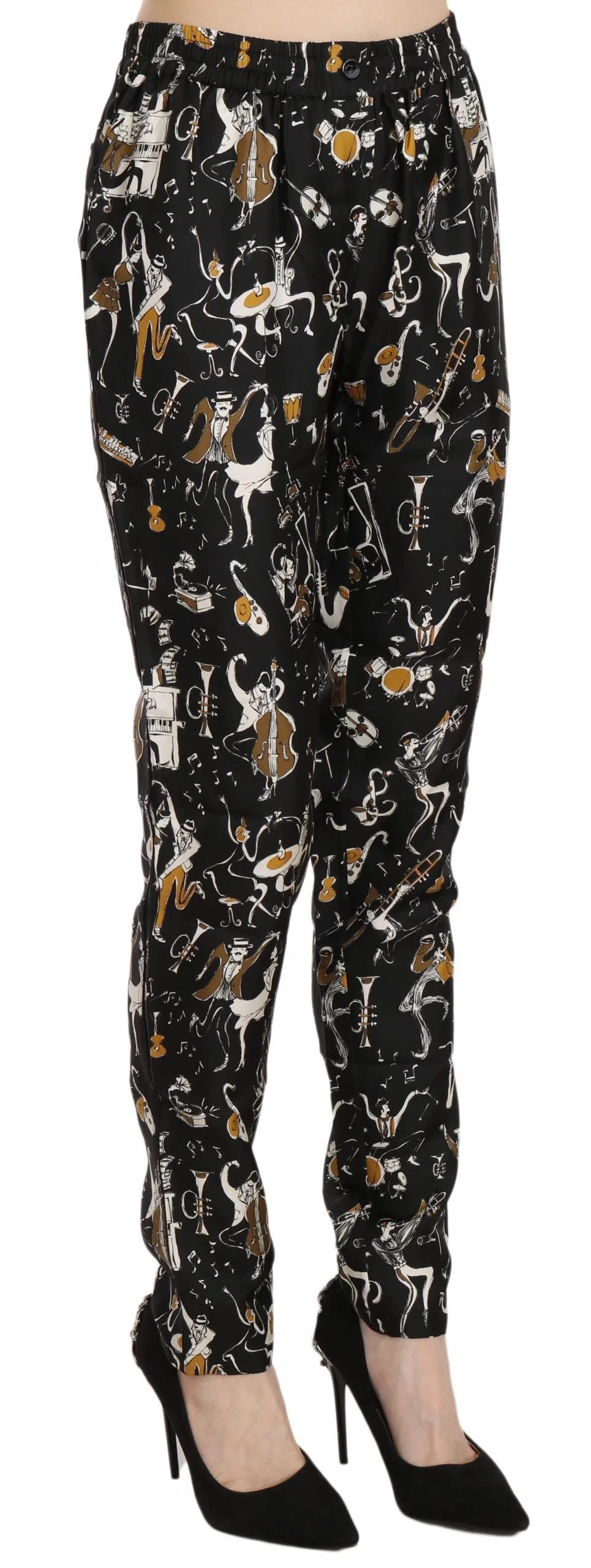 Dolce & Gabbana Black Jazz Club Print High Waist Tapered Pants - Trousers